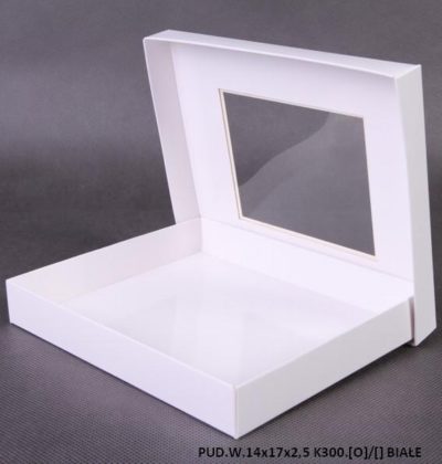 Białe pudełko wykrojnikowe z okienkiem płaskie pudelko z wykrojnika 38